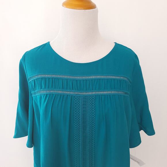 NEW Soft Surroundings Teal Blouse Ladder Stitching Short Sleeve Women Small P - Picture 4 of 10